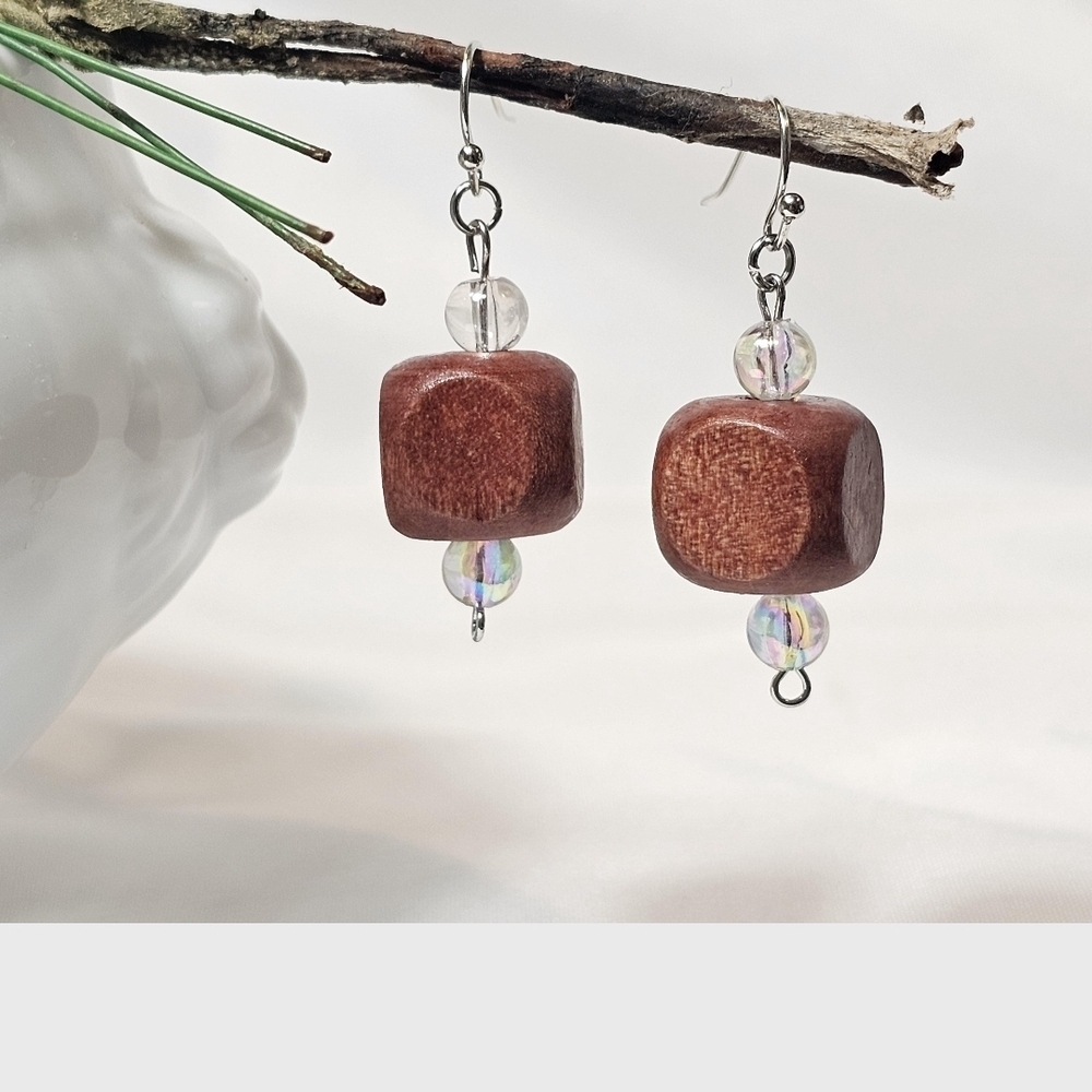 Beaded Wooden Drop Earrings Natural Dark Brown Square Wood Minimalist Boho Style
